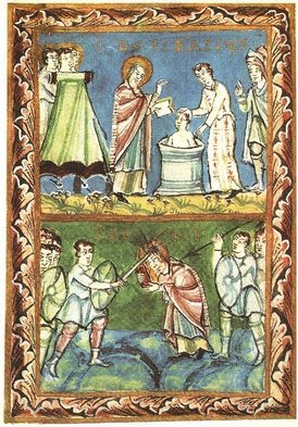 St Boniface Baptising-Martyrdom Sacramentary of Fulda 11c.jpg